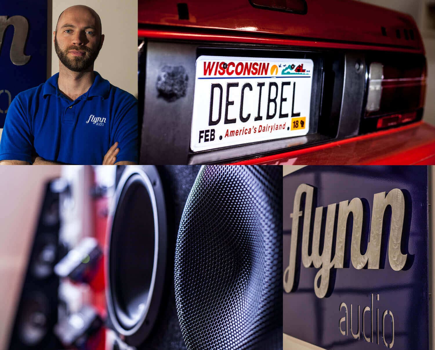 Collage showcasing a man in a blue polo with arms crossed, standing near a red car featuring a Wisconsin license plate that reads DECIBEL. A close-up of speakers and the iconic Flynn Audio sign complete this vibrant display.