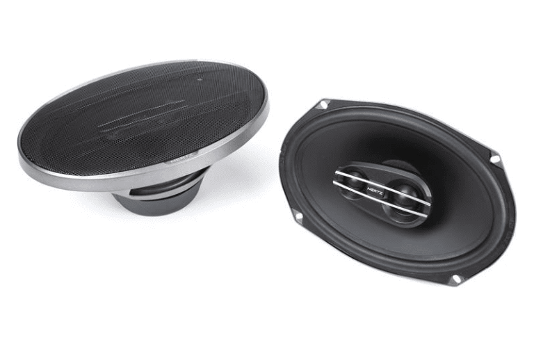 Pair of car audio speakers on display