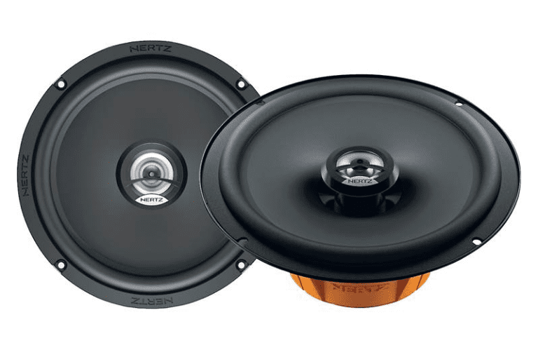 Round car speakers by Hertz brand.