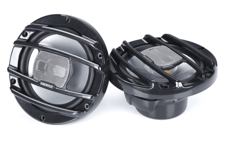 Car audio speakers with protective grills.