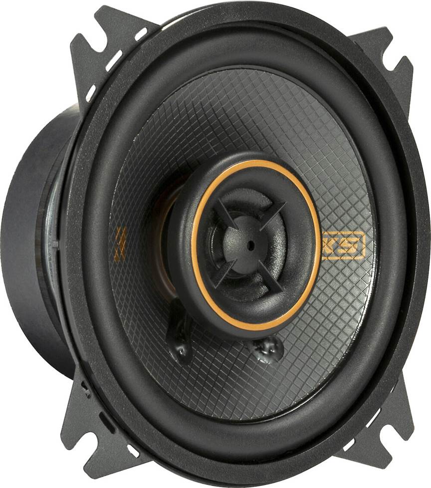 Round car speaker with black and orange design