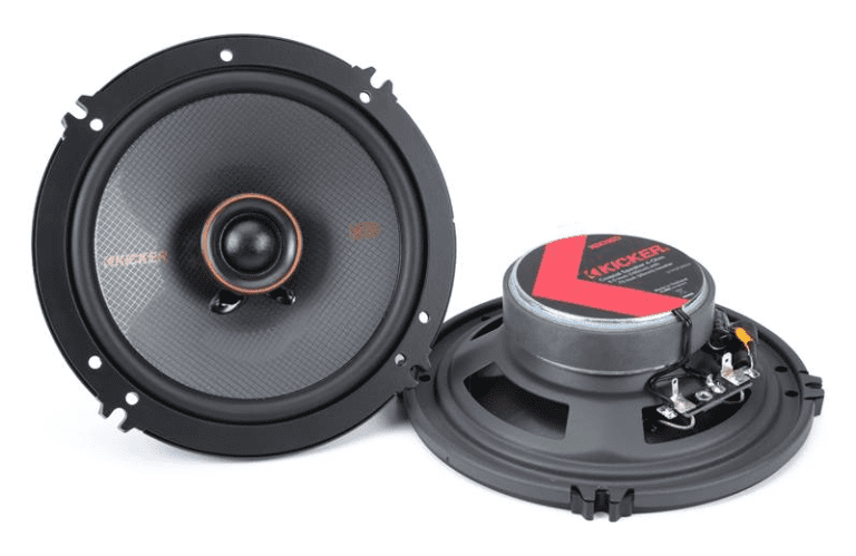 Kicker car audio speakers with grills removed.