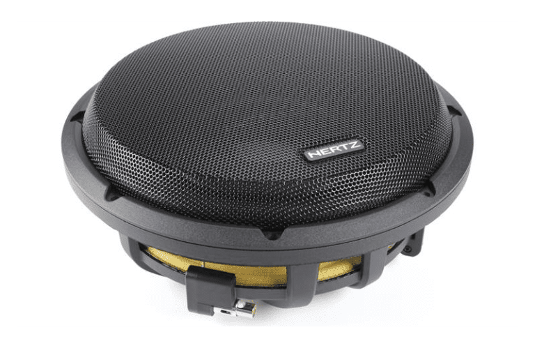 Hertz car audio speaker with black grille.