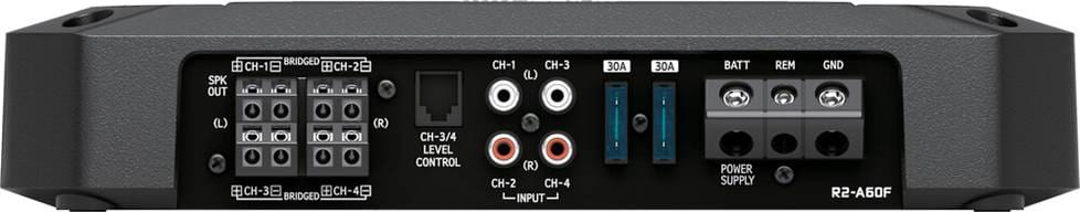 Car audio amplifier back panel with connectors and controls.
