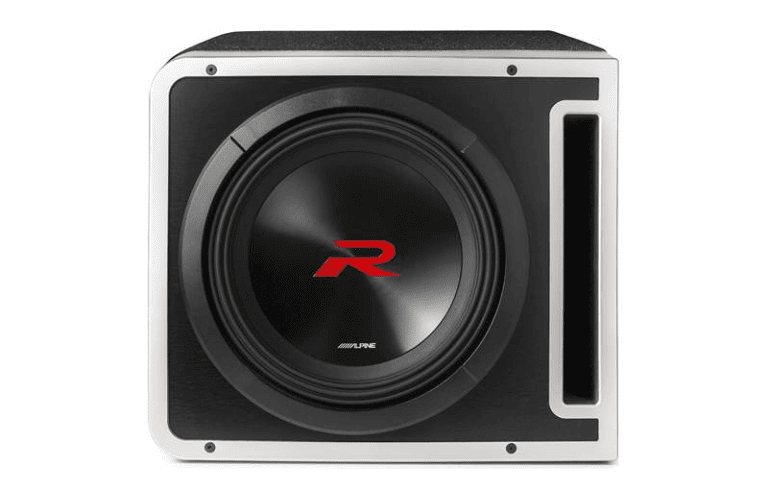Alpine subwoofer in black box enclosure.