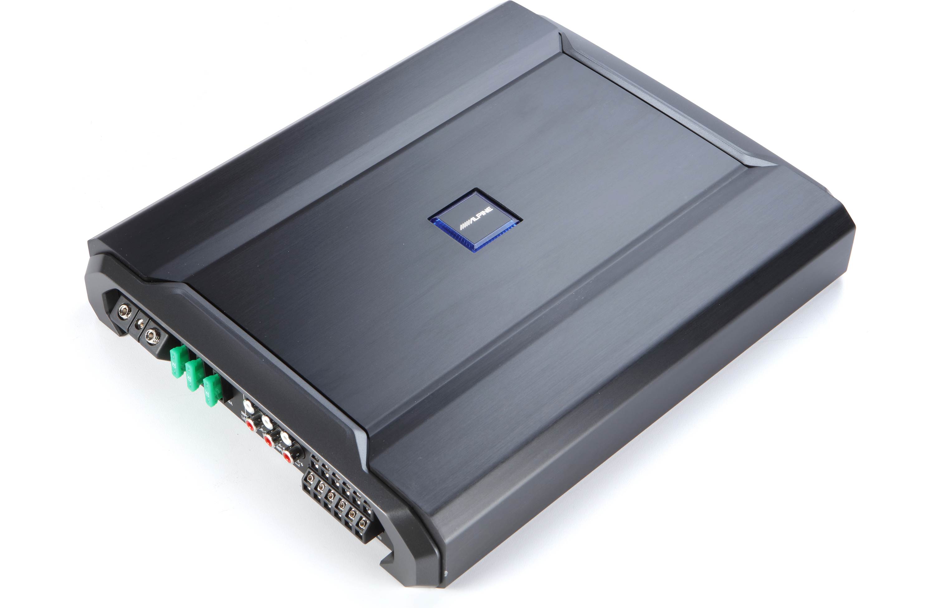 Black car amplifier with multiple connectors on side.