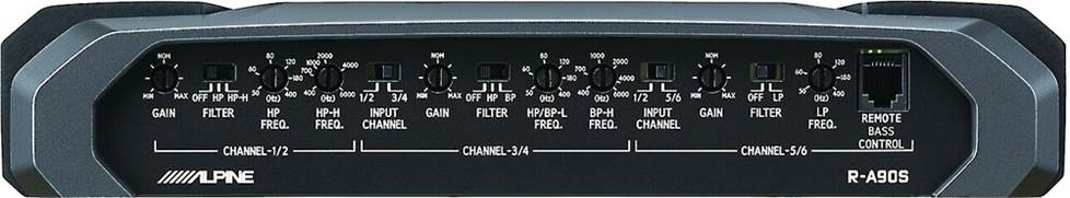 Alpine R-A90S amplifier with adjustable controls.