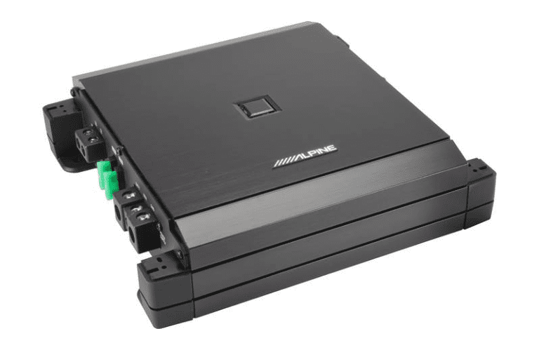 Alpine car audio amplifier, black and sleek design.