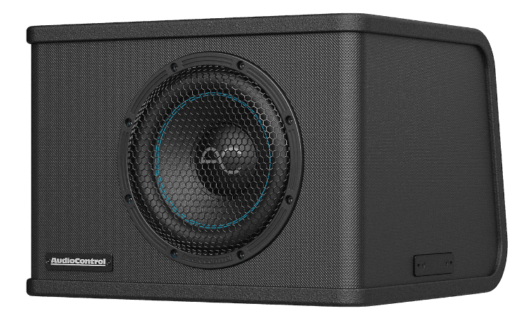 Black speaker subwoofer in a rectangular enclosure.