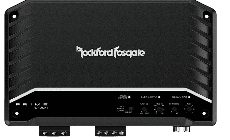 Rockford Fosgate Prime car amplifier, black and sleek design.