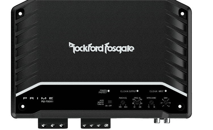 Rockford Fosgate car amplifier, model R2-750X1, black.