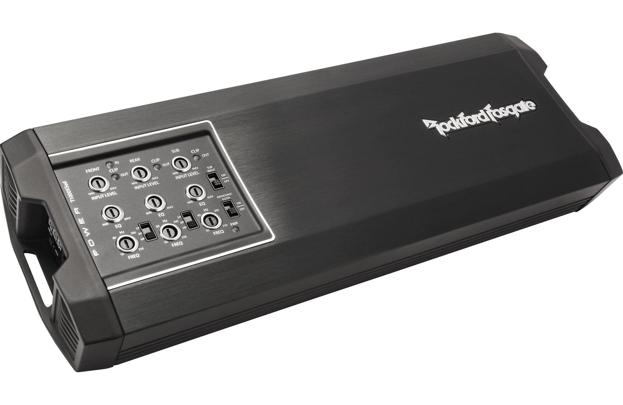 Car audio amplifier with control panel and logo