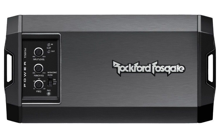 Rockford Fosgate car amplifier, front panel view.