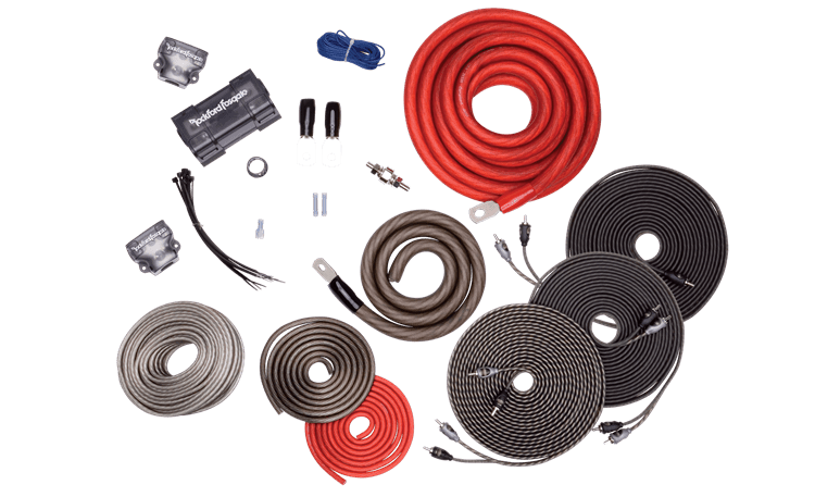 Car audio wiring kit, various cables and connectors.