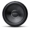 The Power 19 T3 Single 1-Ohm Superwoofer is shown from the front, displaying its circular design, textured cone, and central Rockford Fosgate logo.