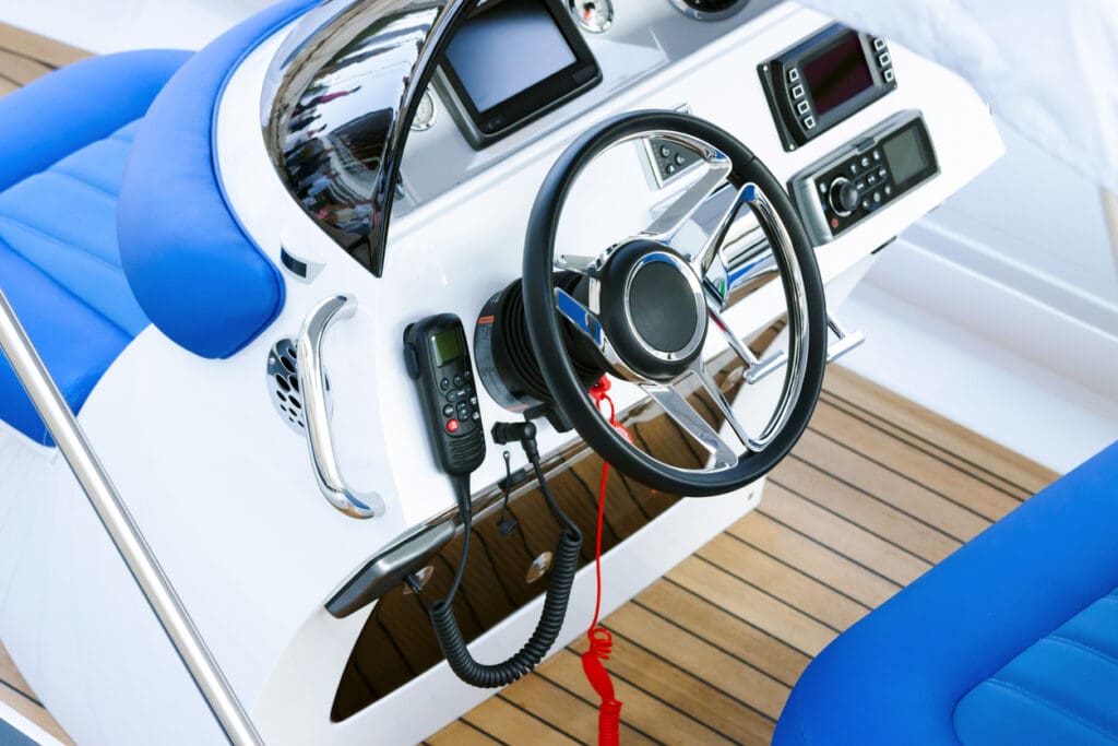 Luxury boat steering wheel and dashboard details