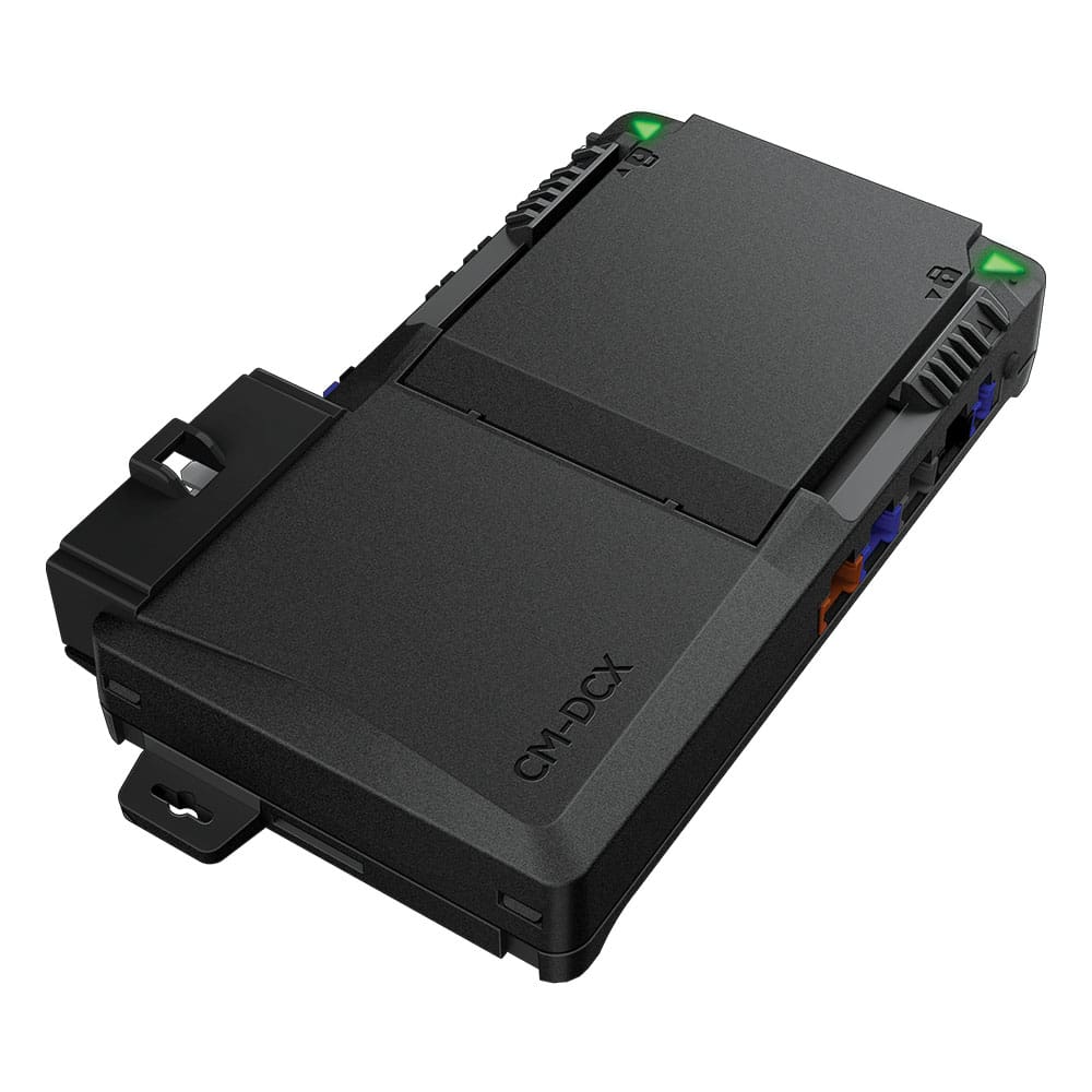 Black electronic device with connectors and indicators.