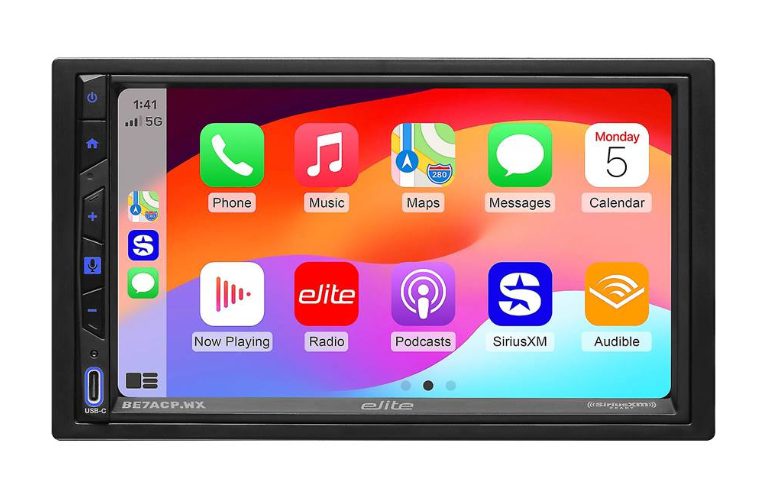 Car stereo with Apple CarPlay interface displayed.