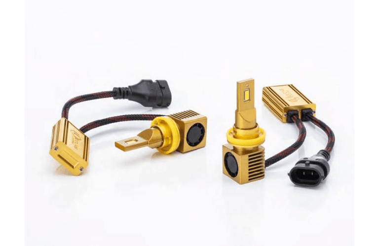 Gold LED headlight bulbs with cables