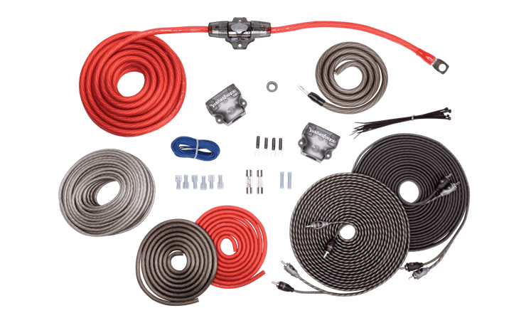 Car audio installation kit with wires and connectors.