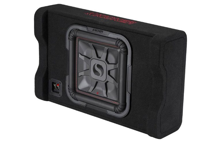 Kicker subwoofer in enclosure, black and square-shaped.